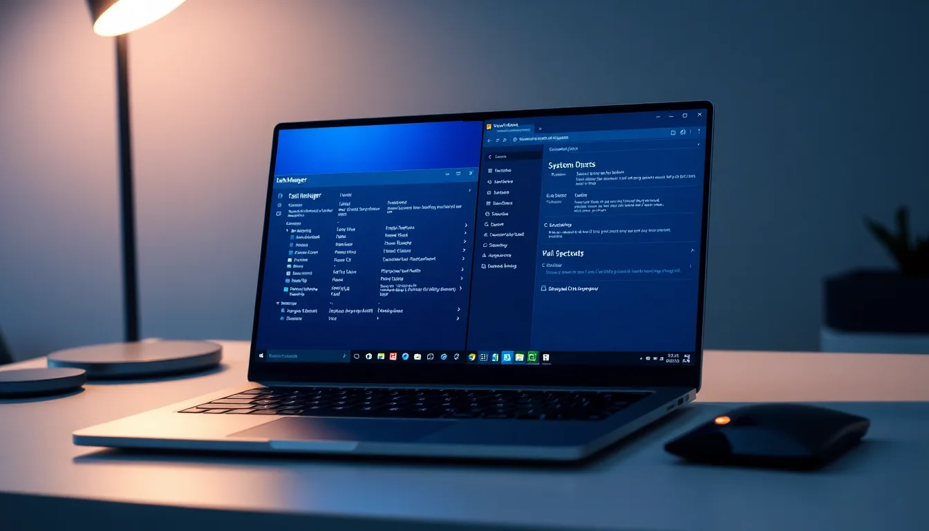 A Windows 11 laptop on a modern desk showing Task Manager performance graphs and system diagnostics open side by side
