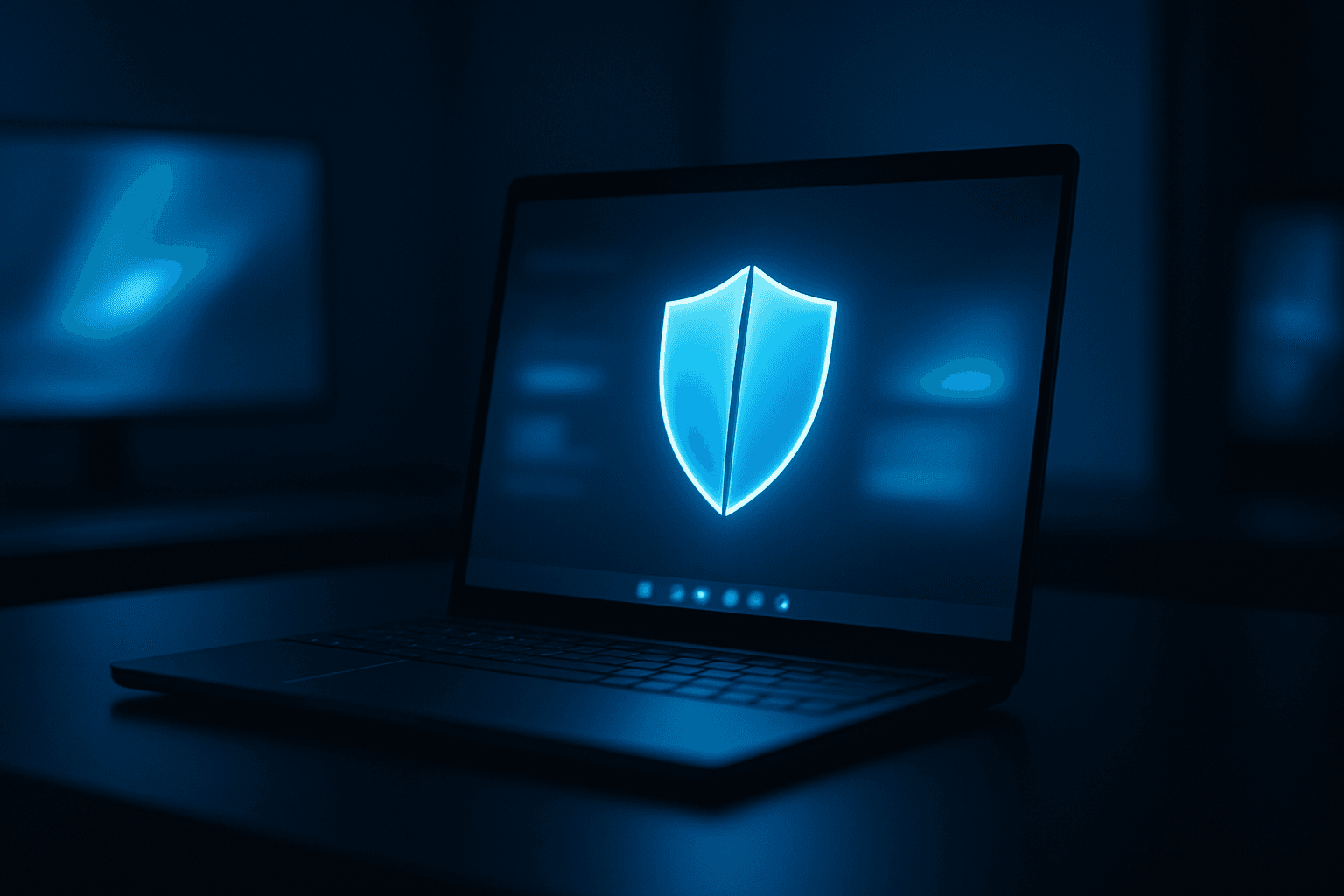 Windows 11 laptop on a dark desk showing Microsoft Defender offline scan error screen with warning icon in Windows Security
