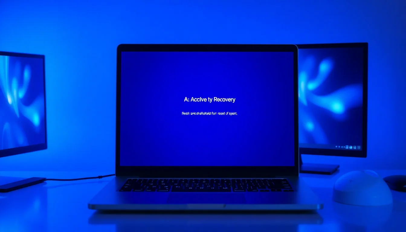 A Windows 11 laptop on a modern desk showing a reset error message on a blue recovery screen
