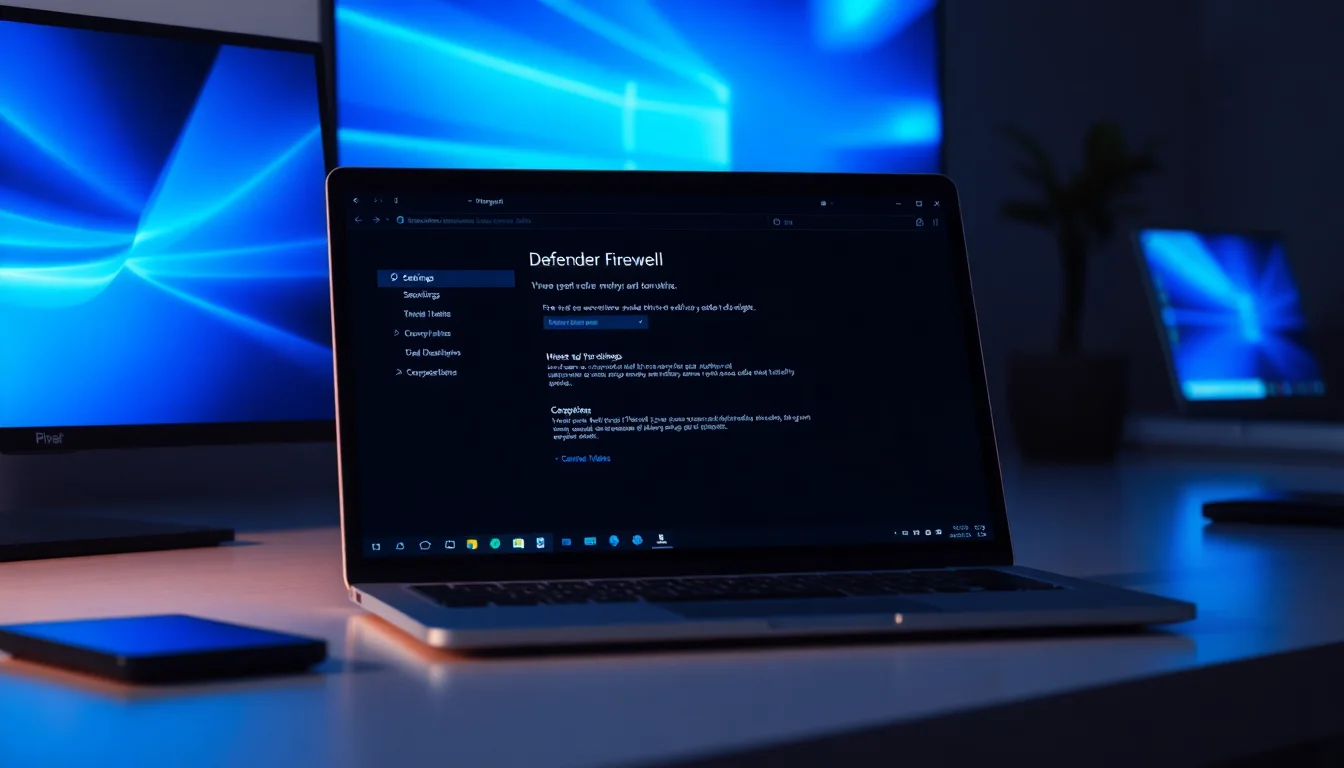 Windows 10 laptop showing Windows Defender Firewall settings panel with error notification message on clean desk, cool blue screen lighting, professional tech support atmosphere
