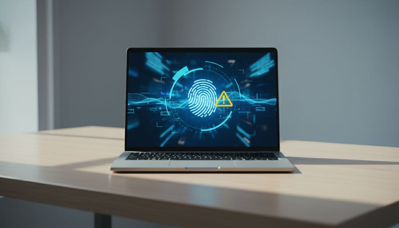 A Windows 11 laptop on a modern desk showing the fingerprint sign-in prompt on the lock screen with a warning indicator