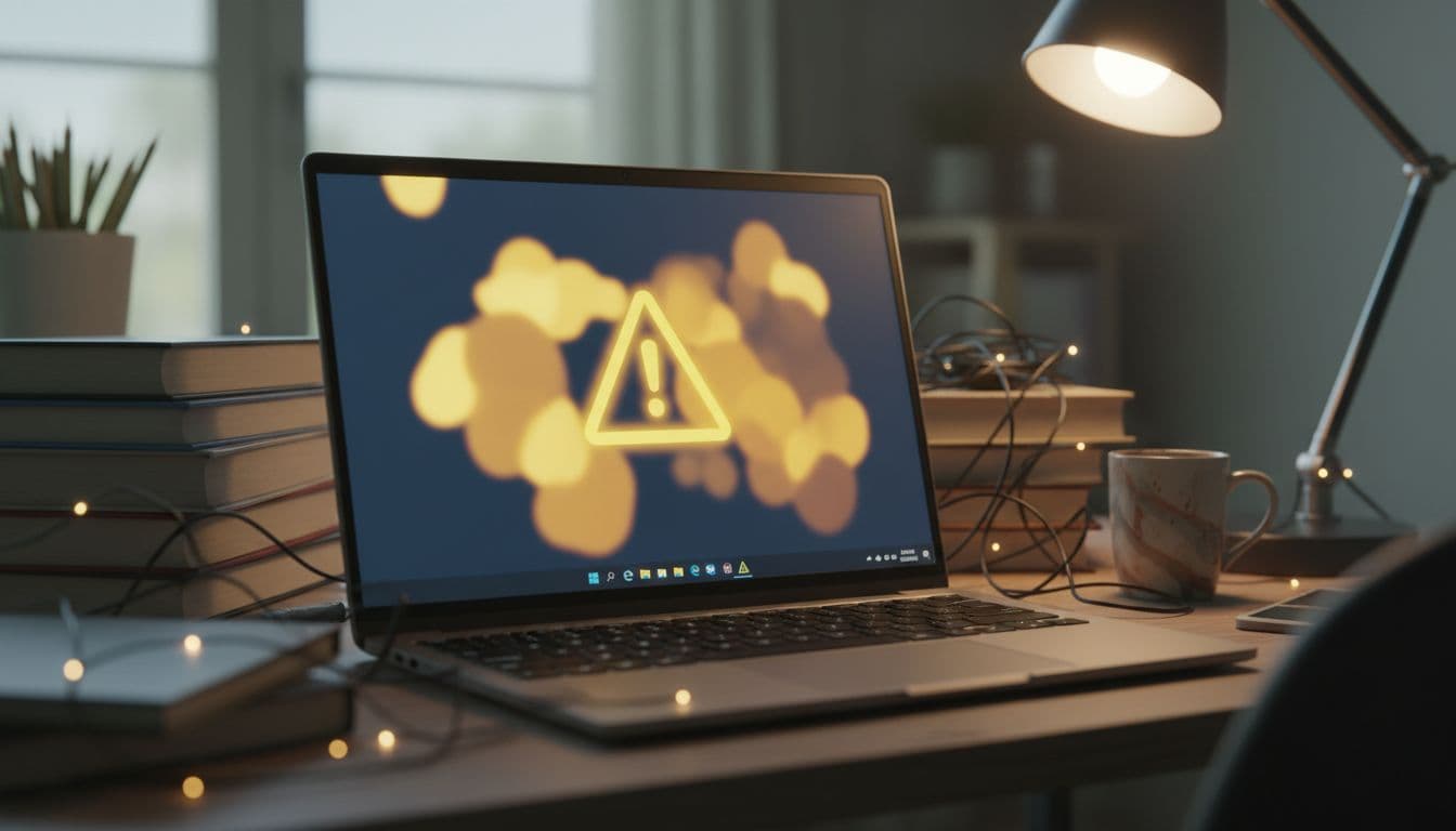 A Windows 11 laptop on a home desk showing a no internet connection error with a yellow warning triangle on the taskbar network icon