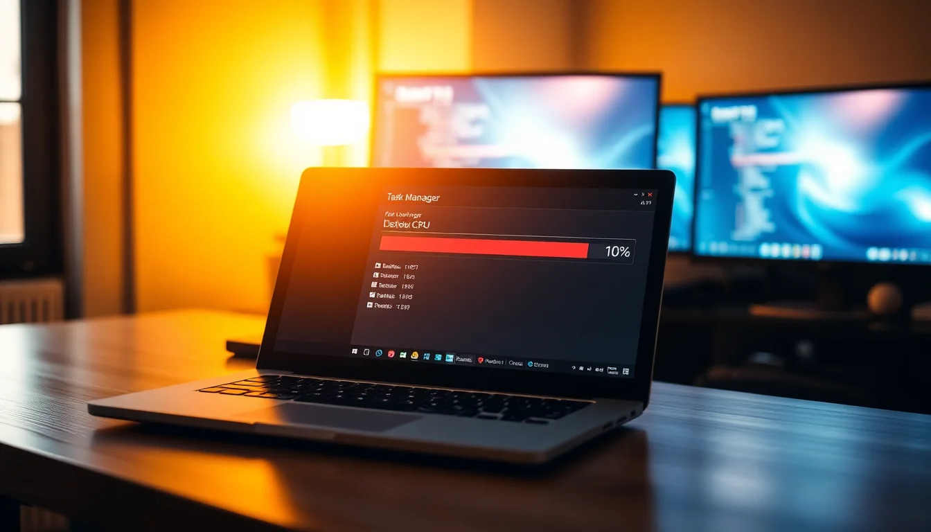 A Windows laptop on a wooden desk showing Task Manager with high CPU and disk usage, indicating sudden slowdown