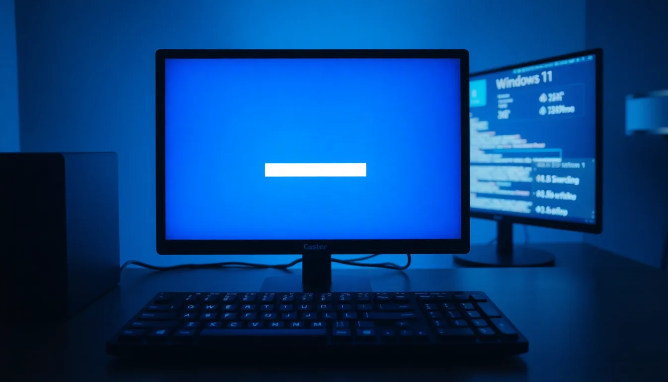 A Windows 11 desktop PC on a dark office desk showing a frozen login screen with a blank password field and unresponsive keyboard