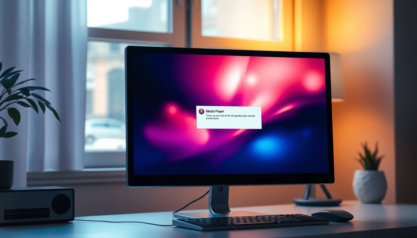 Windows Media Player error screen on a desktop PC monitor sitting on a tidy home office desk