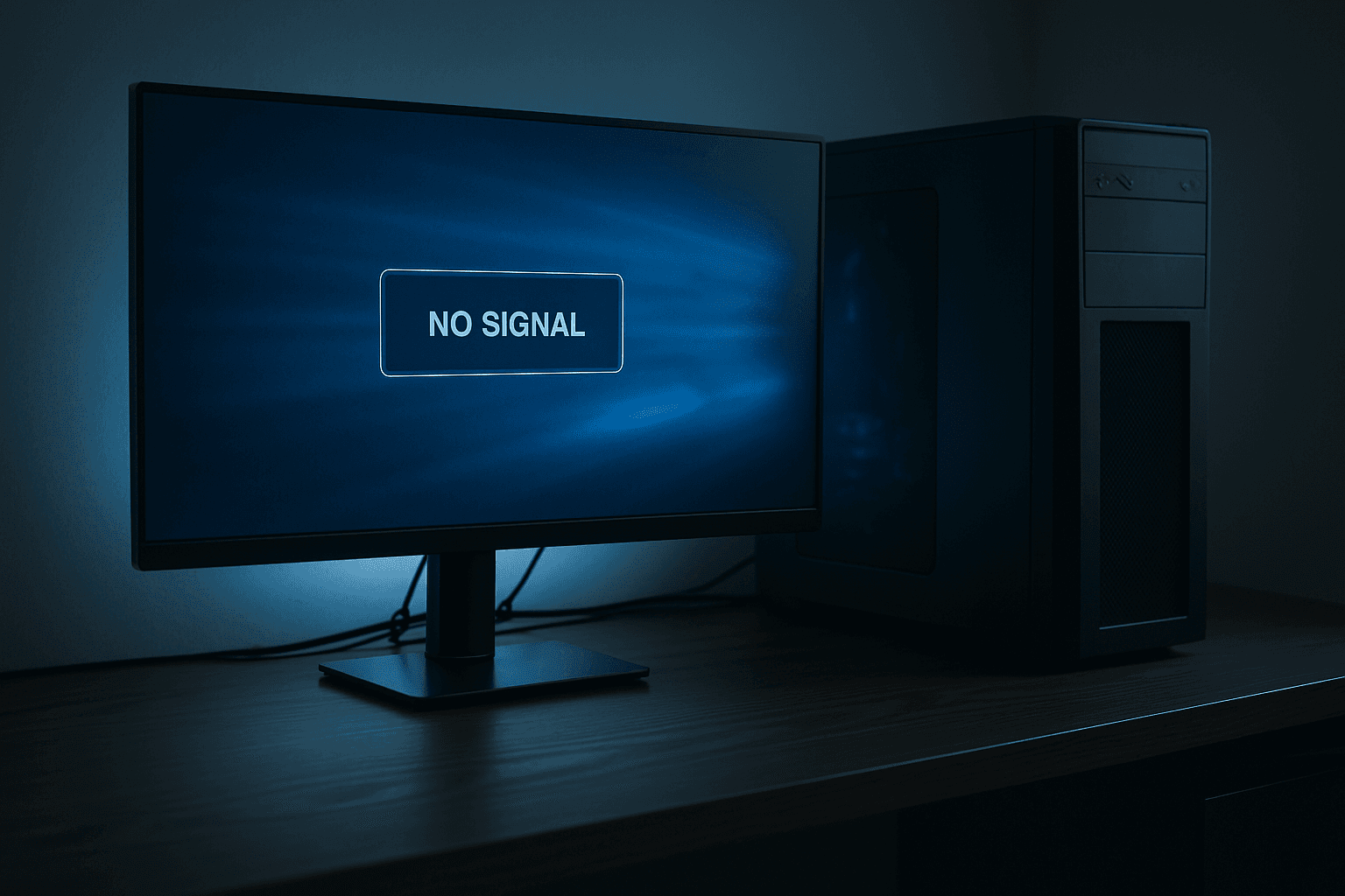 A desktop PC connected to a monitor showing no signal error message on a clean modern desk with blue ambient lighting