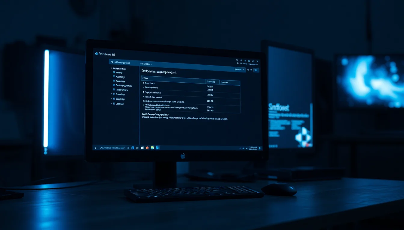 A Windows 11 desktop showing Disk Management with a RAW and unallocated partition highlighted on a dark office workstation