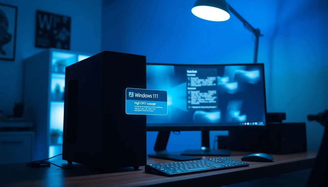A Windows 11 desktop PC on a home office desk displaying a slow performance warning dialog with a cluttered taskbar