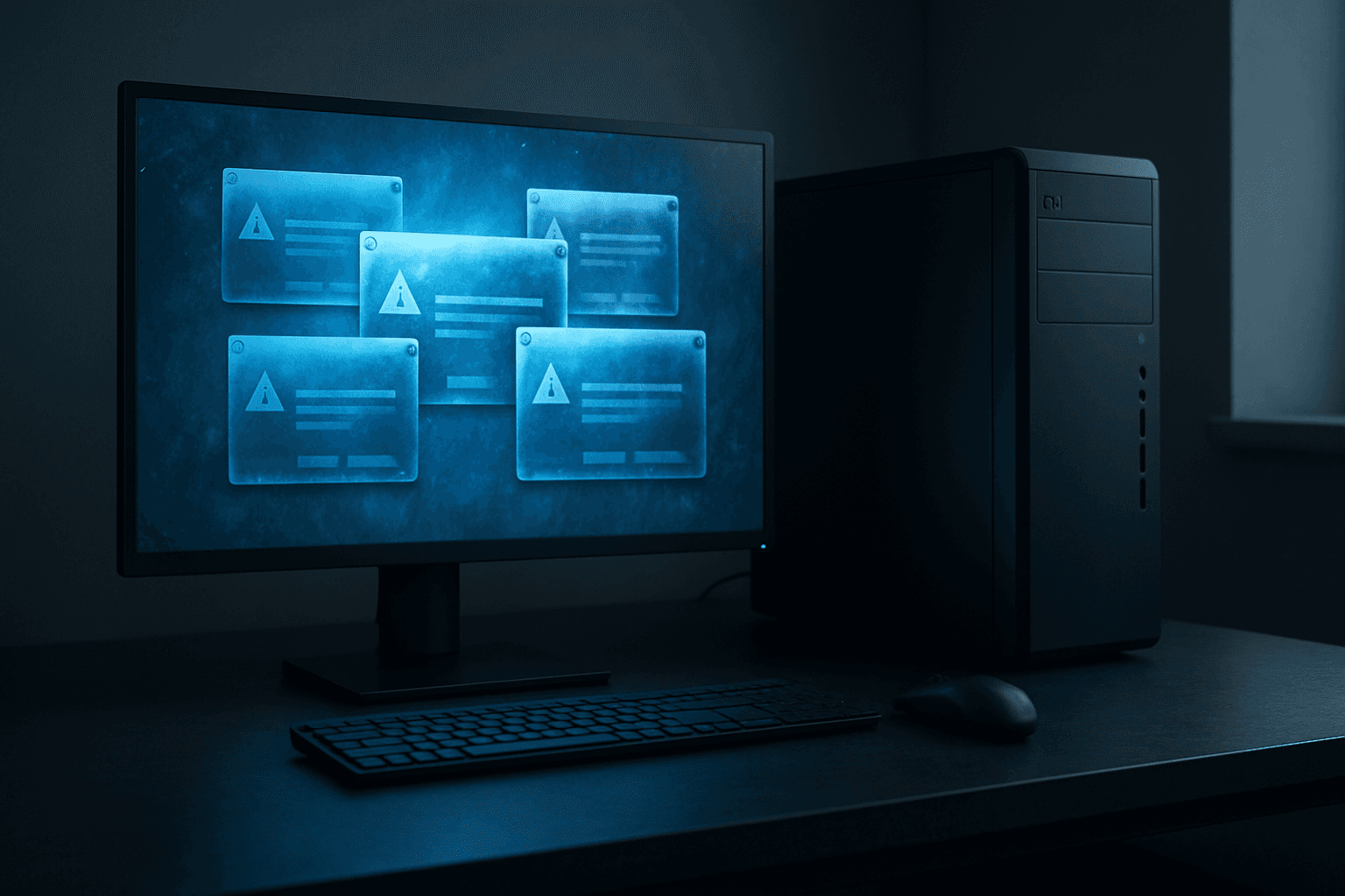 A Windows 11 desktop PC on a dark office desk displaying error notifications and a slow spinning loading cursor on screen