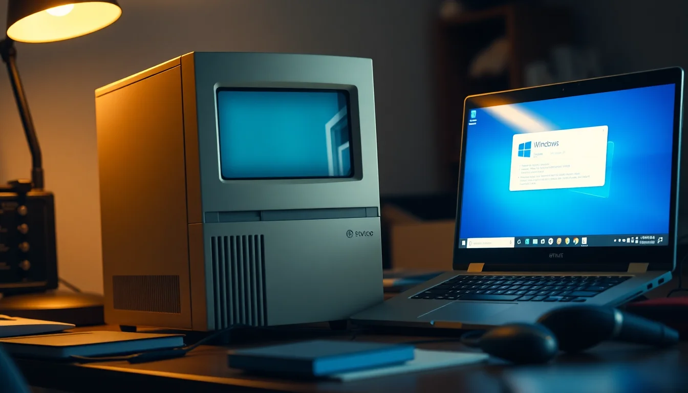 An ageing desktop PC tower sitting on a cluttered home office desk next to a modern laptop showing Windows system information screen