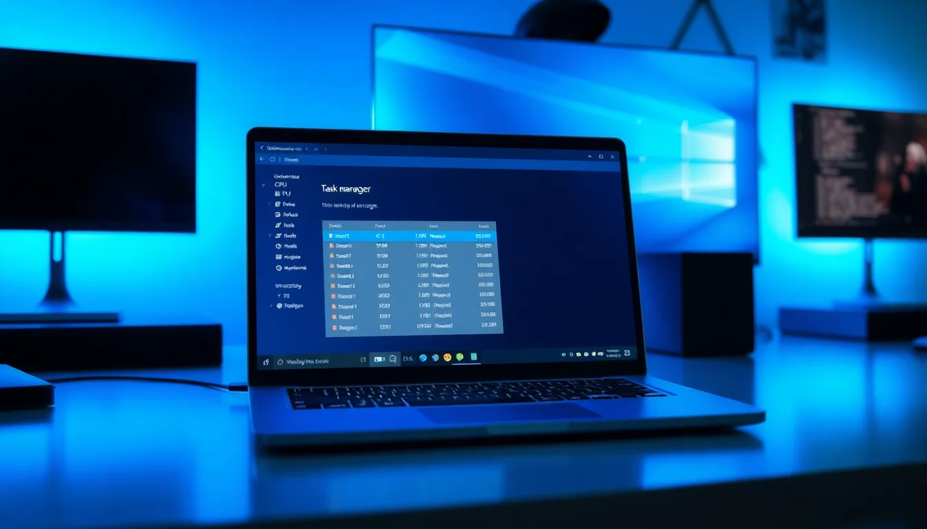 A Windows 11 laptop on a modern desk showing Task Manager with high CPU usage and slow performance warning on screen