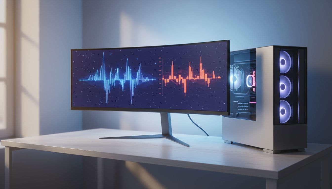 A high-spec Windows 11 desktop PC on a clean modern desk showing Task Manager with high CPU usage and slow performance indicators