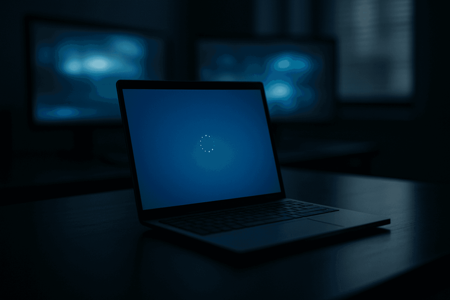 Windows laptop on a dark desk showing a blue Please wait screen during startup with no progress