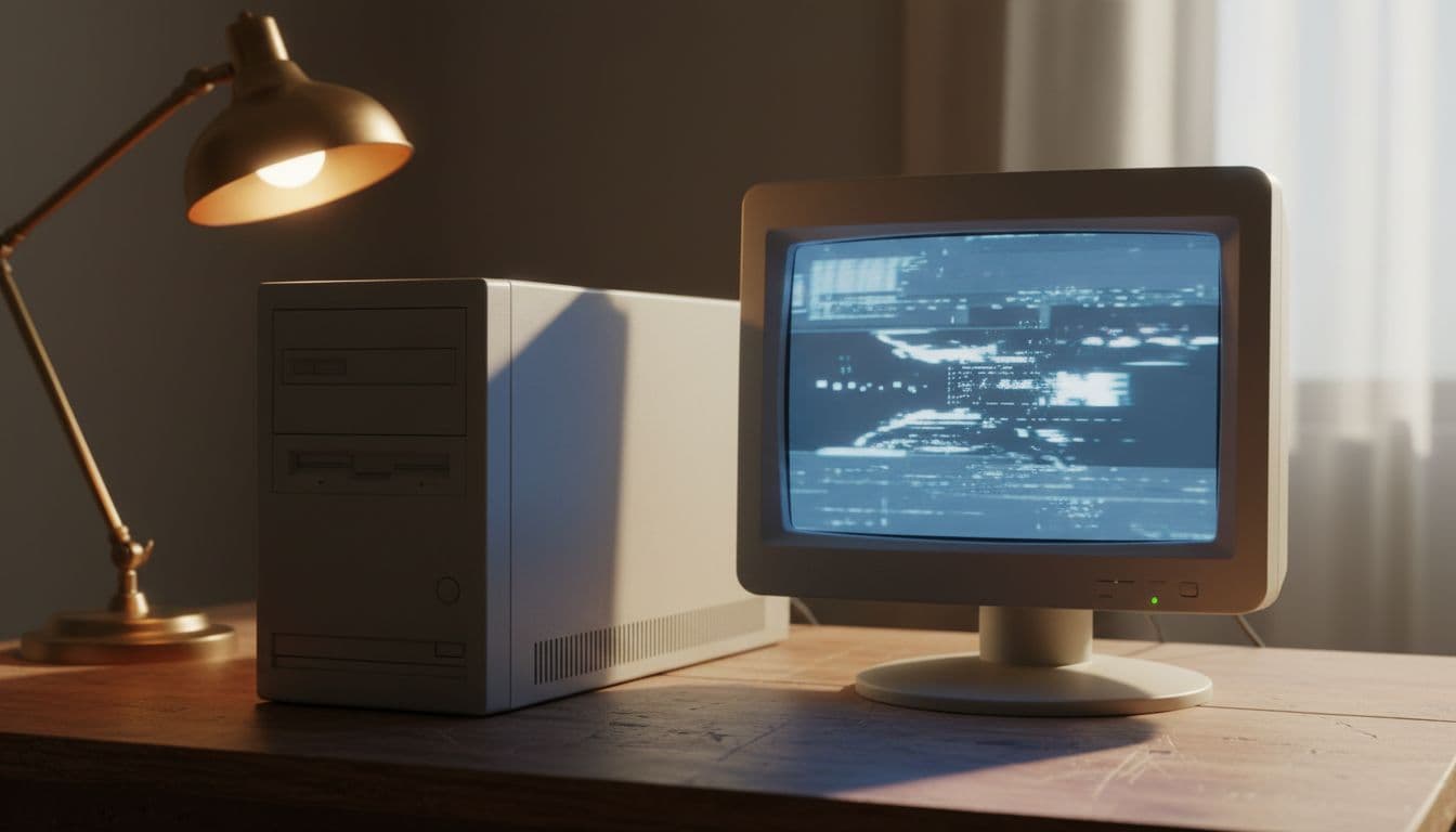 An old beige desktop PC from the mid-1990s on a wooden desk showing a Windows 95 error dialog on a CRT monitor during a software installation failure