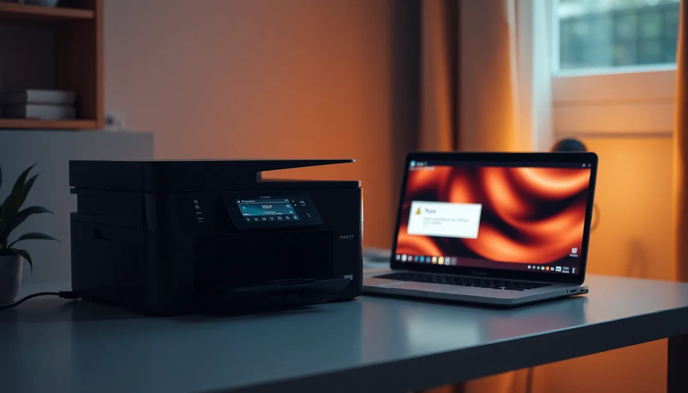 A modern inkjet printer on a home office desk next to a Windows laptop showing a printer error notification