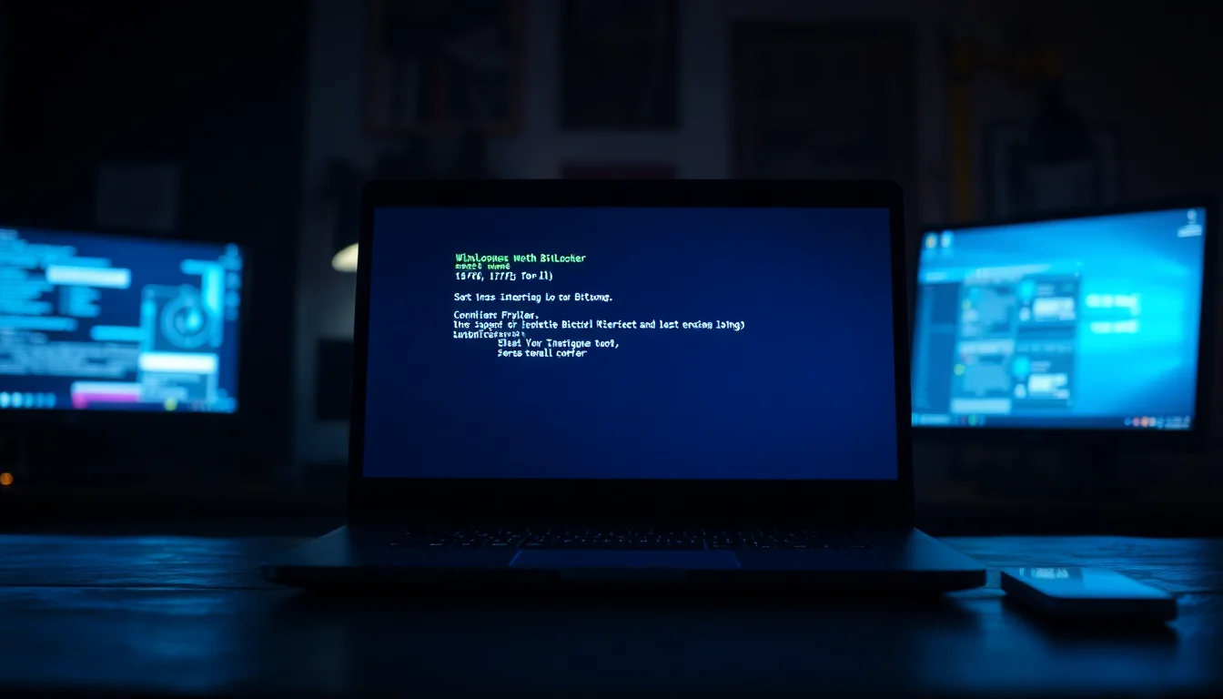 Windows 11 laptop on a dark desk showing a Command Prompt window with reagentc enable error message and BitLocker warning on screen