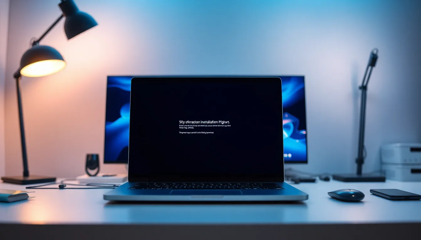 Windows 11 laptop on a desk showing a failed installation error screen with a blue error code during system recovery