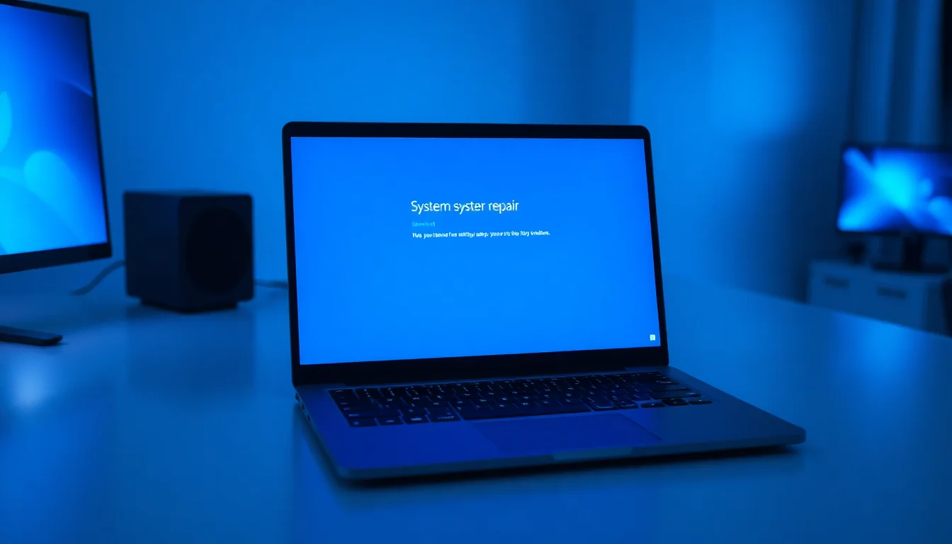 A Windows 11 laptop on a modern desk showing a blue screen error during system repair troubleshooting