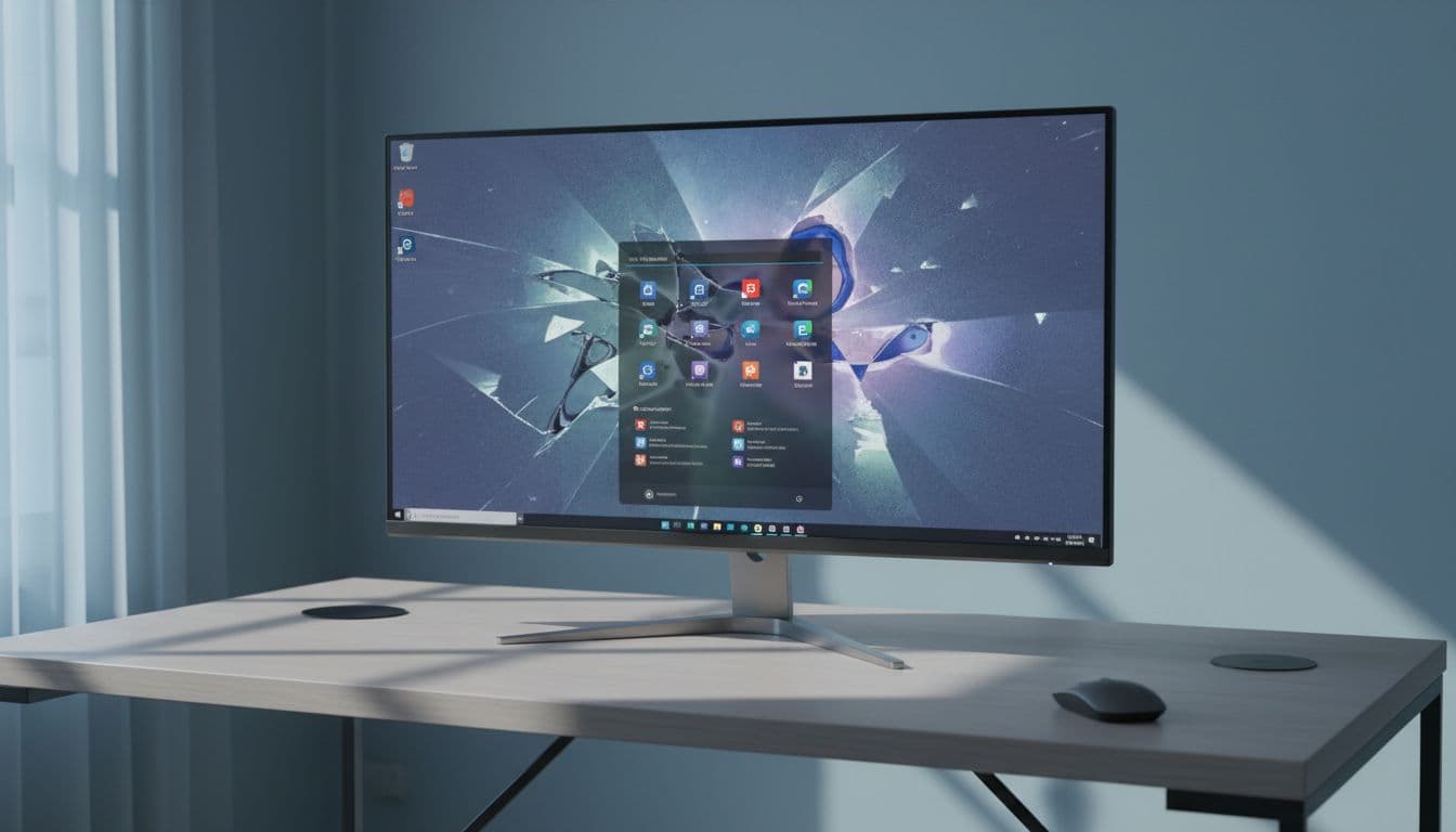 A Windows 11 desktop showing broken glitchy visuals and mismatched custom theme icons on a modern office monitor