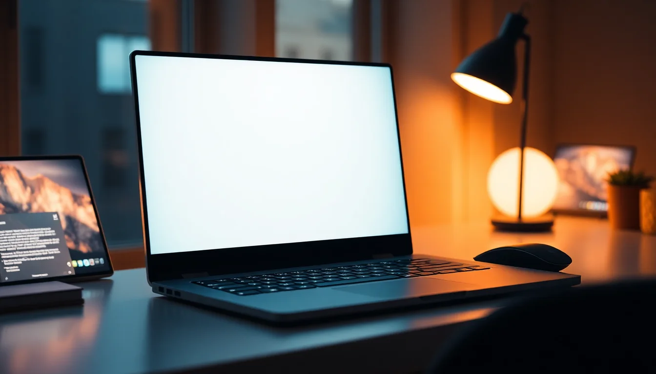 Windows 11 laptop displaying blank white Windows Security app interface on dark desk with warm desk lamp lighting, focused professional atmosphere