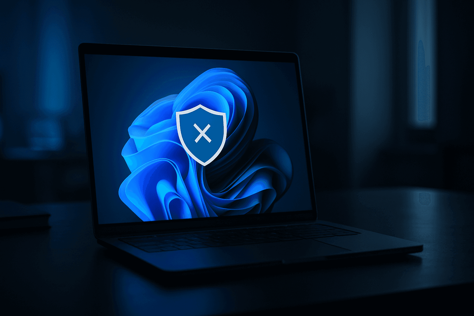 Windows 11 laptop on a dark desk showing the Windows Security app failing to open with an error on screen