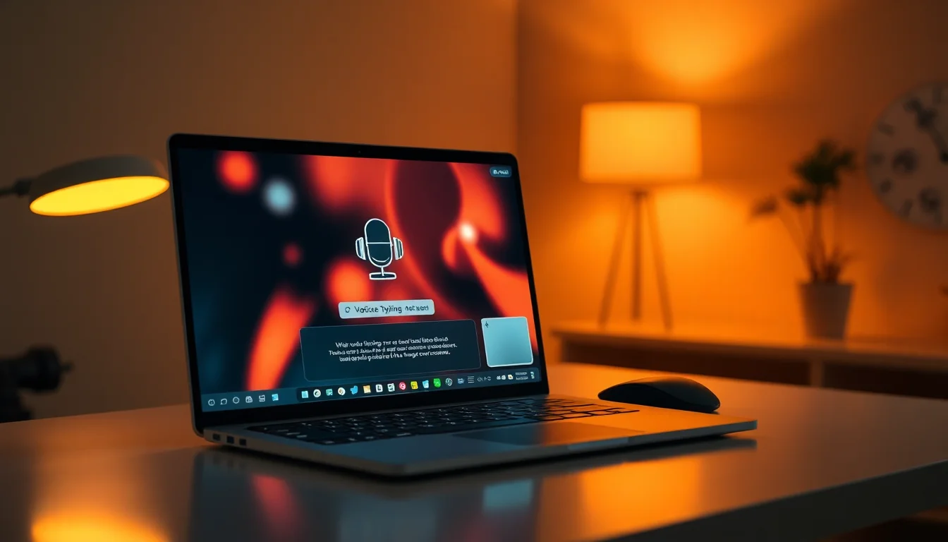 Windows 11 laptop on a modern desk showing Voice Typing microphone icon on screen with speech recognition active