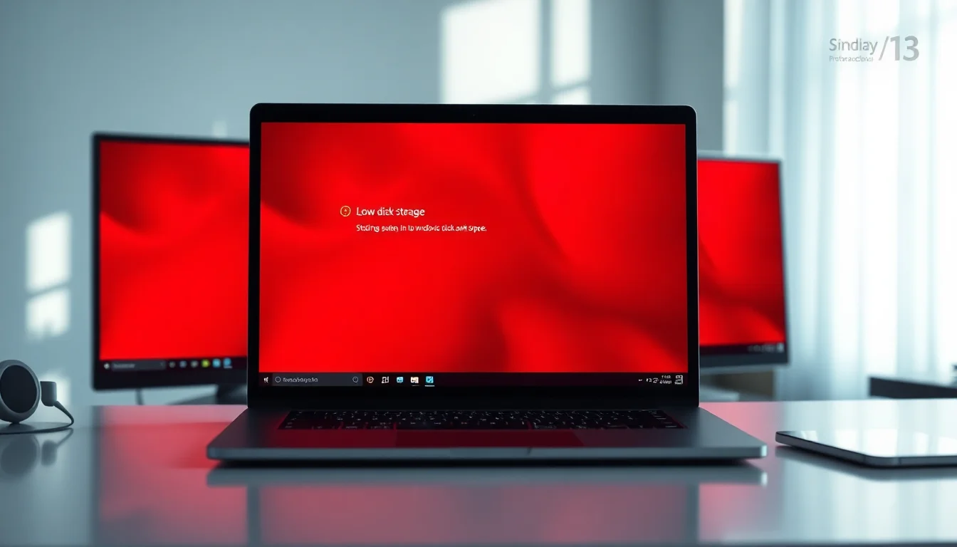 A Windows 11 laptop on a modern desk showing a red storage full warning on the C drive settings screen