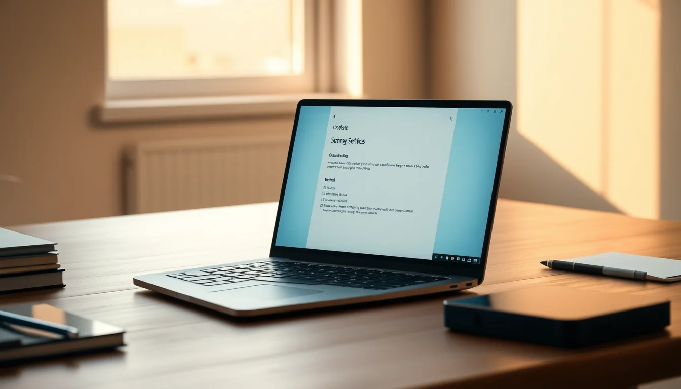 A Windows 11 laptop open on a clean modern desk showing system settings and update screen in calm daylight