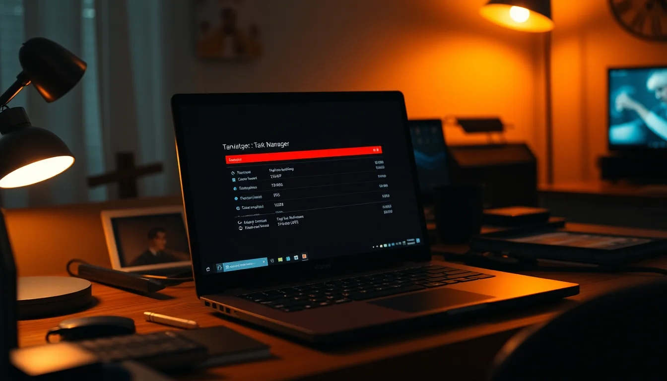 A Windows 11 laptop on a cluttered home office desk showing Task Manager with high CPU usage and sluggish performance warning