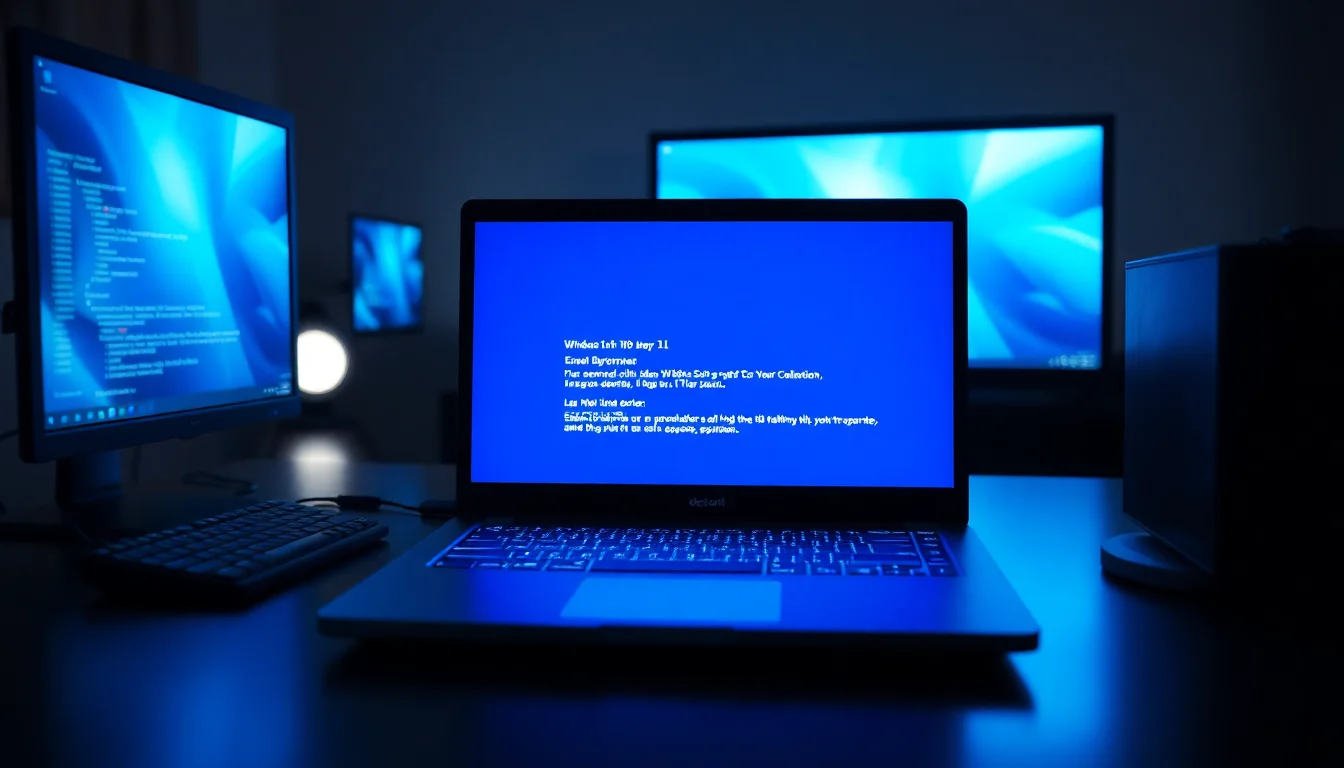 A Windows 11 laptop on a modern desk showing a blue screen crash error with diagnostic text visible on screen
