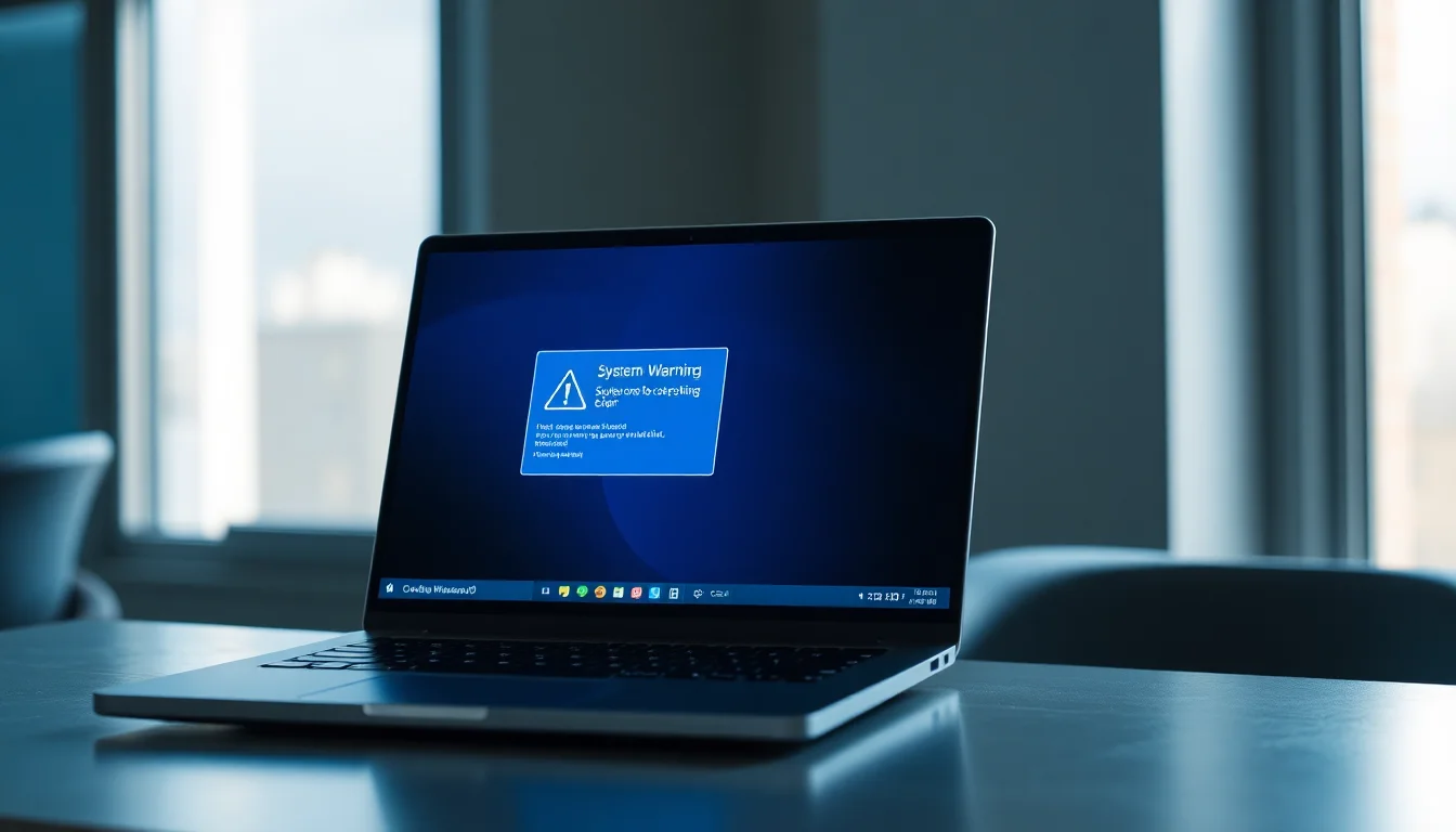 Windows 10 laptop on office desk displaying system instability warning with error popup, cool blue screen glow from modern window lighting, professional urgent atmosphere