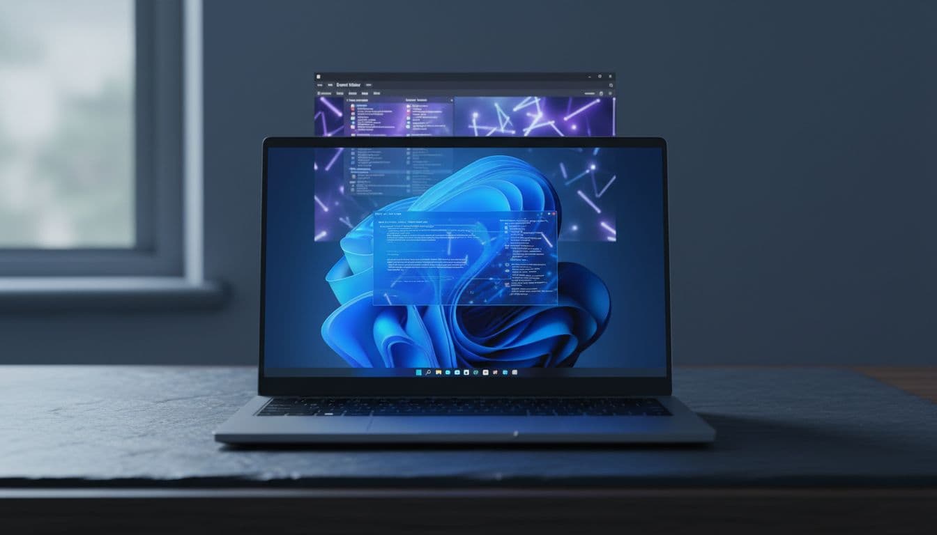 Windows 11 laptop on a dark desk displaying a blue screen stop code error with diagnostic tools open in the background