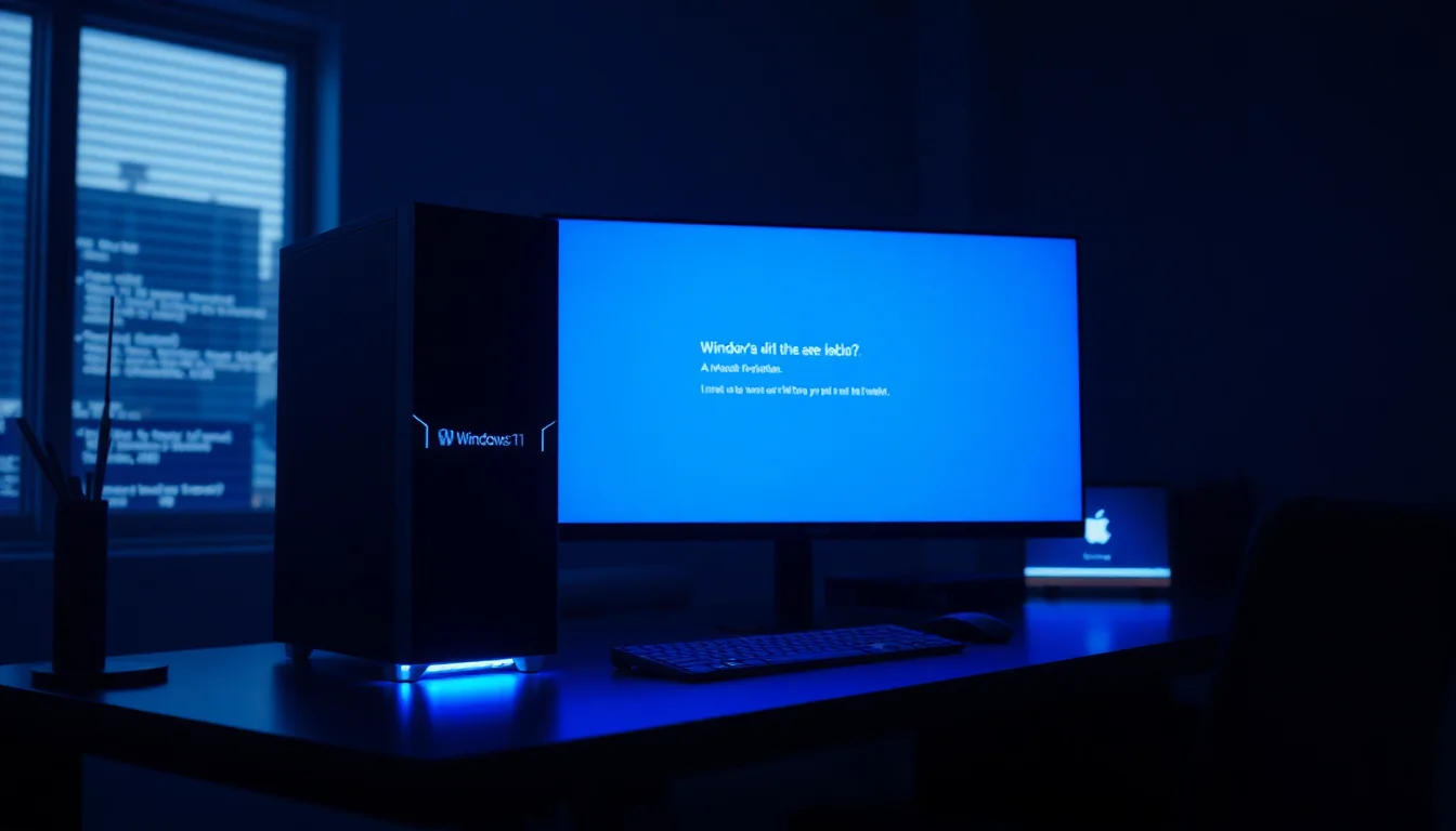 A Windows 11 desktop PC on a dark office desk displaying a blue screen of death stop error with white text, lit by cold blue monitor glow