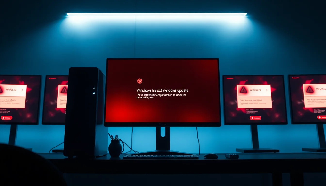 A Windows 11 desktop PC on a dark office desk showing a Windows Update error screen with red warning icons and failed update messages