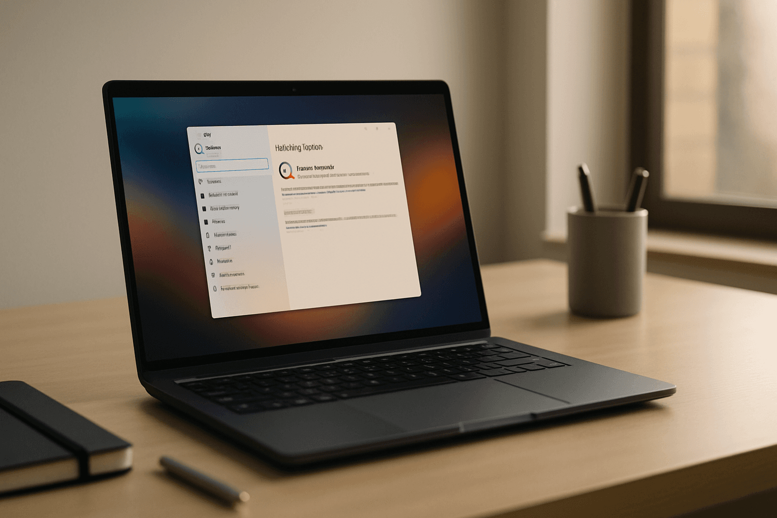 Windows 10 laptop screen displaying Windows Update Error 0x80070002 message in Settings app, modern minimalist desk with warm natural lighting from window, calm professional atmosphere