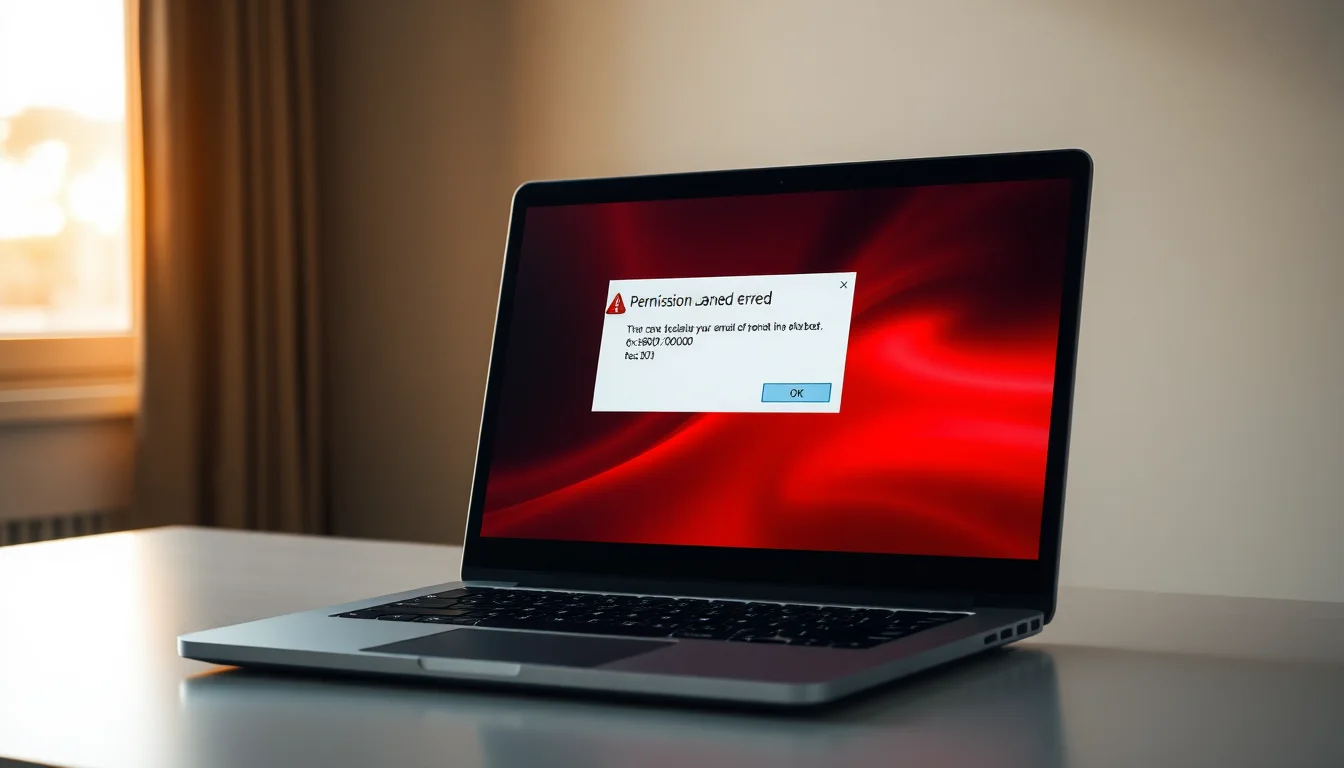 Windows laptop showing blue error dialog with 0x80070005 code and Access Denied message on modern desk with natural window lighting
