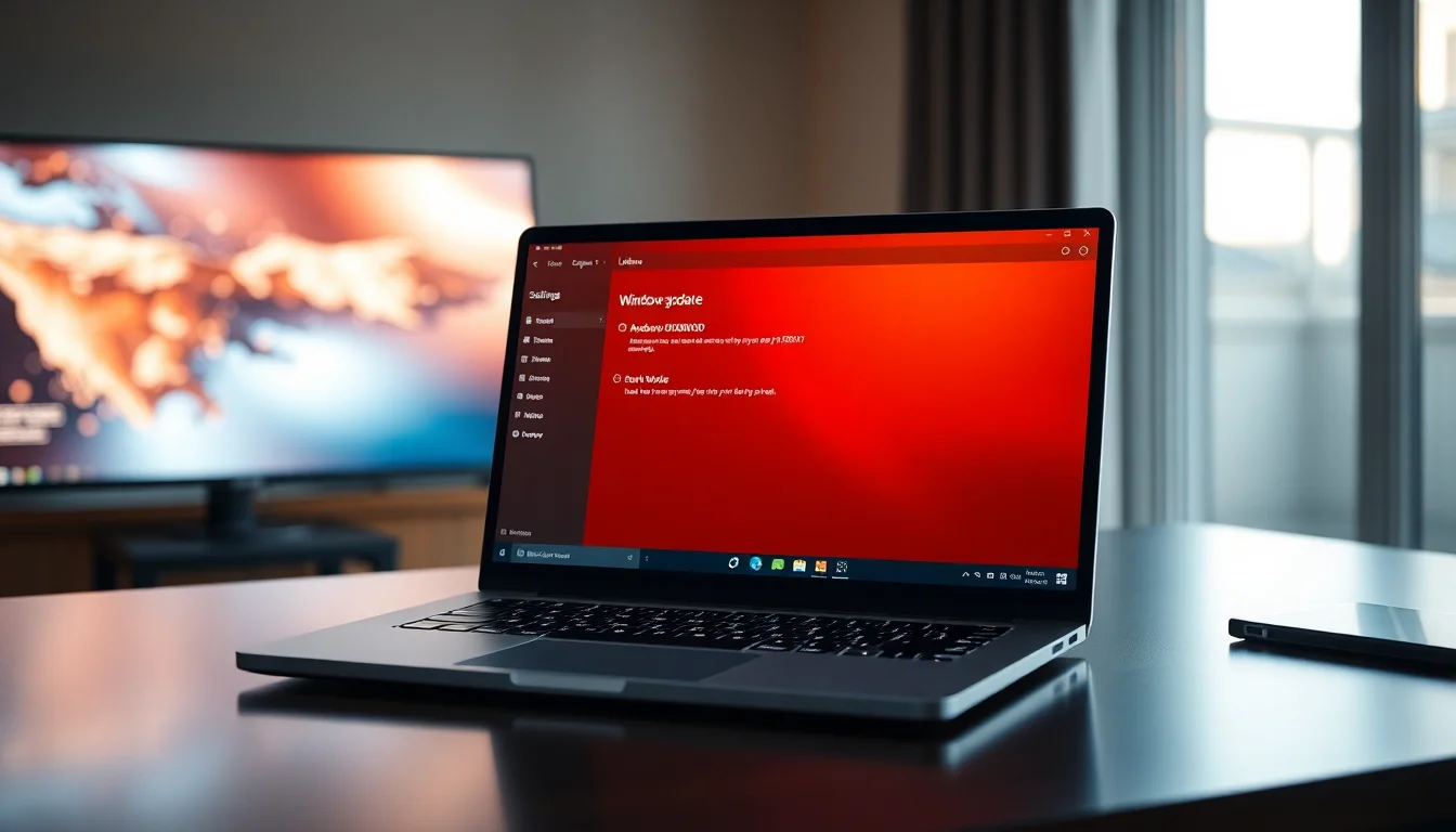 Windows 10 laptop on clean desk showing Windows Update settings with 0x8007000D error message displayed, warm natural lighting from side window, focused professional atmosphere