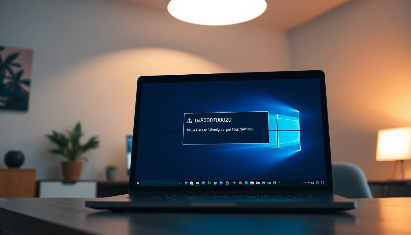 Windows 11 laptop displaying Windows Update error 0x80070020 message on screen, showing sharing violation warning with a progress bar stuck, seated on a modern desk with soft overhead lighting, focused professional atmosphere