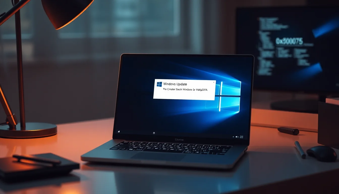 Windows laptop screen displaying Windows Update error 0x8007007E module not found message on blue background, desk lamp lighting, focused troubleshooting atmosphere