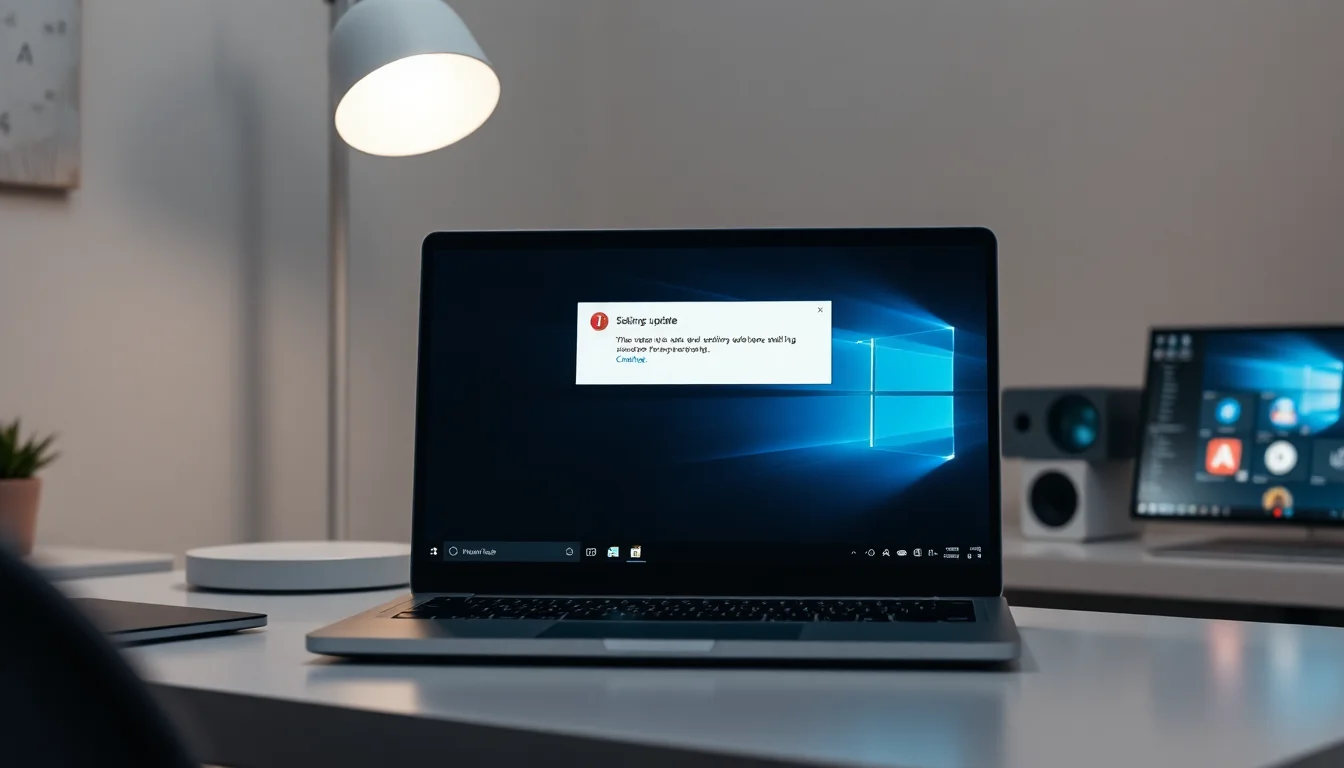 Close-up of Windows Settings app showing Windows Update error 0x80070652 notification with red exclamation mark on grey office desk with soft overhead lighting, professional focused atmosphere