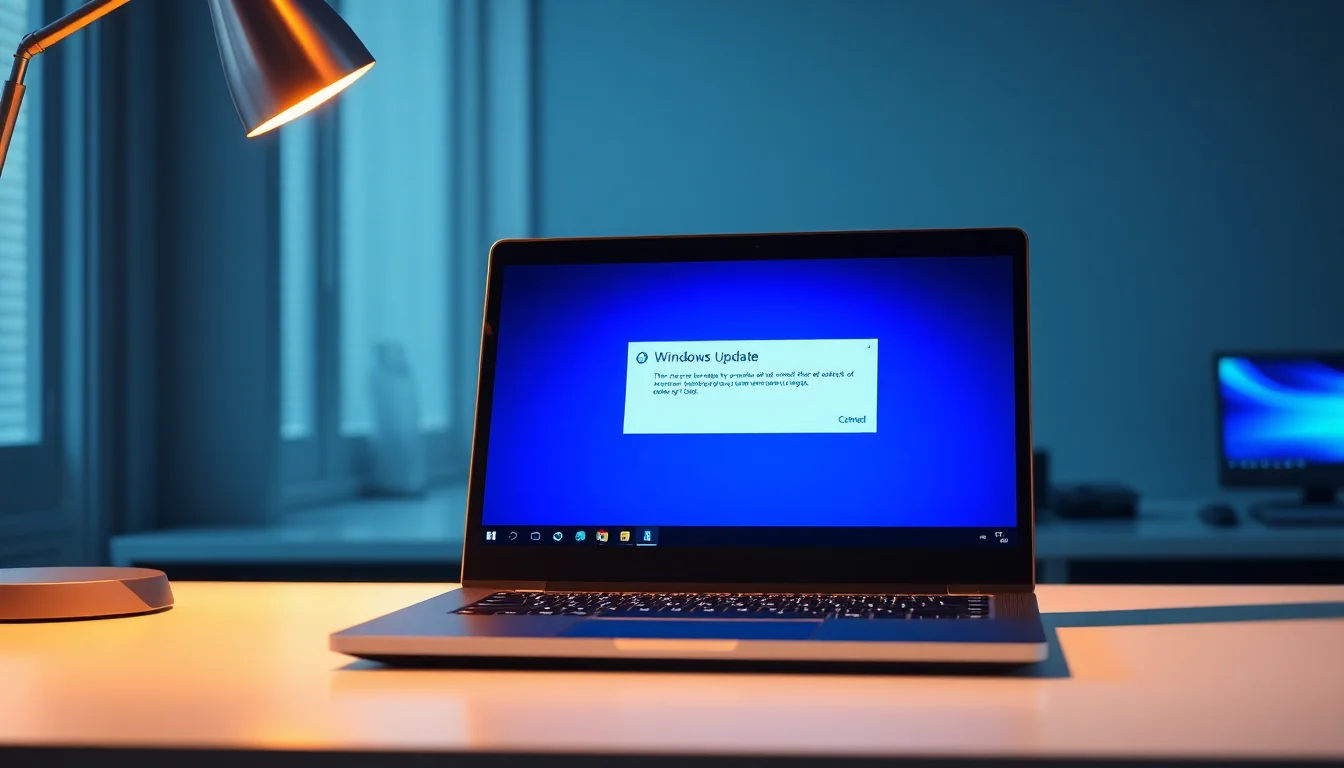 A Windows 11 laptop displaying an update failure notification screen on a modern desk with a keyboard and mouse, soft warm lighting from the side, professional focused atmosphere