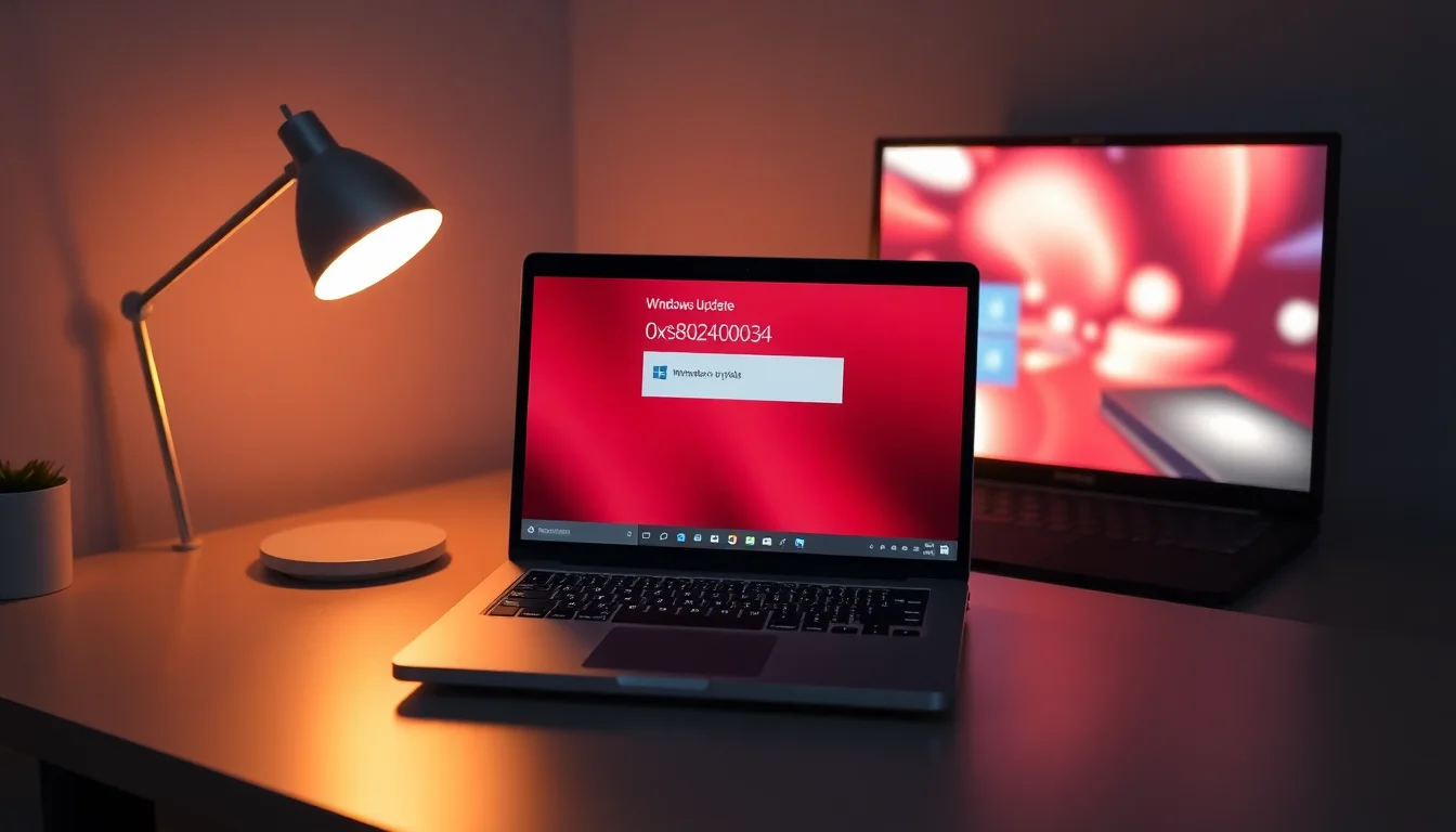 Windows 10 laptop showing Windows Update error 0x80240034 on settings screen, warm desk lighting from side, focused concentrated atmosphere