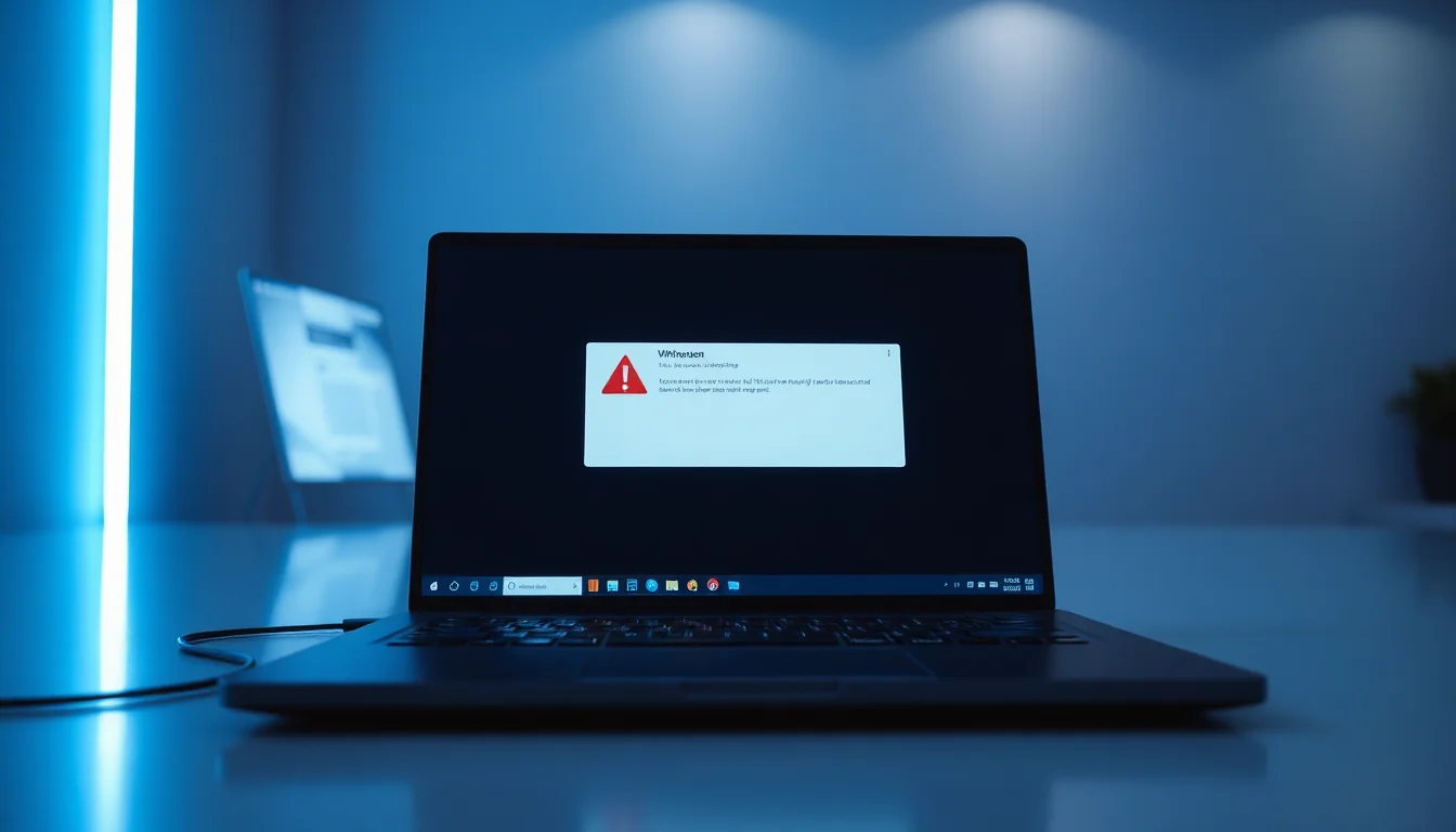 Windows 11 laptop on a dark desk showing a VPN connection failed error screen with red warning indicator