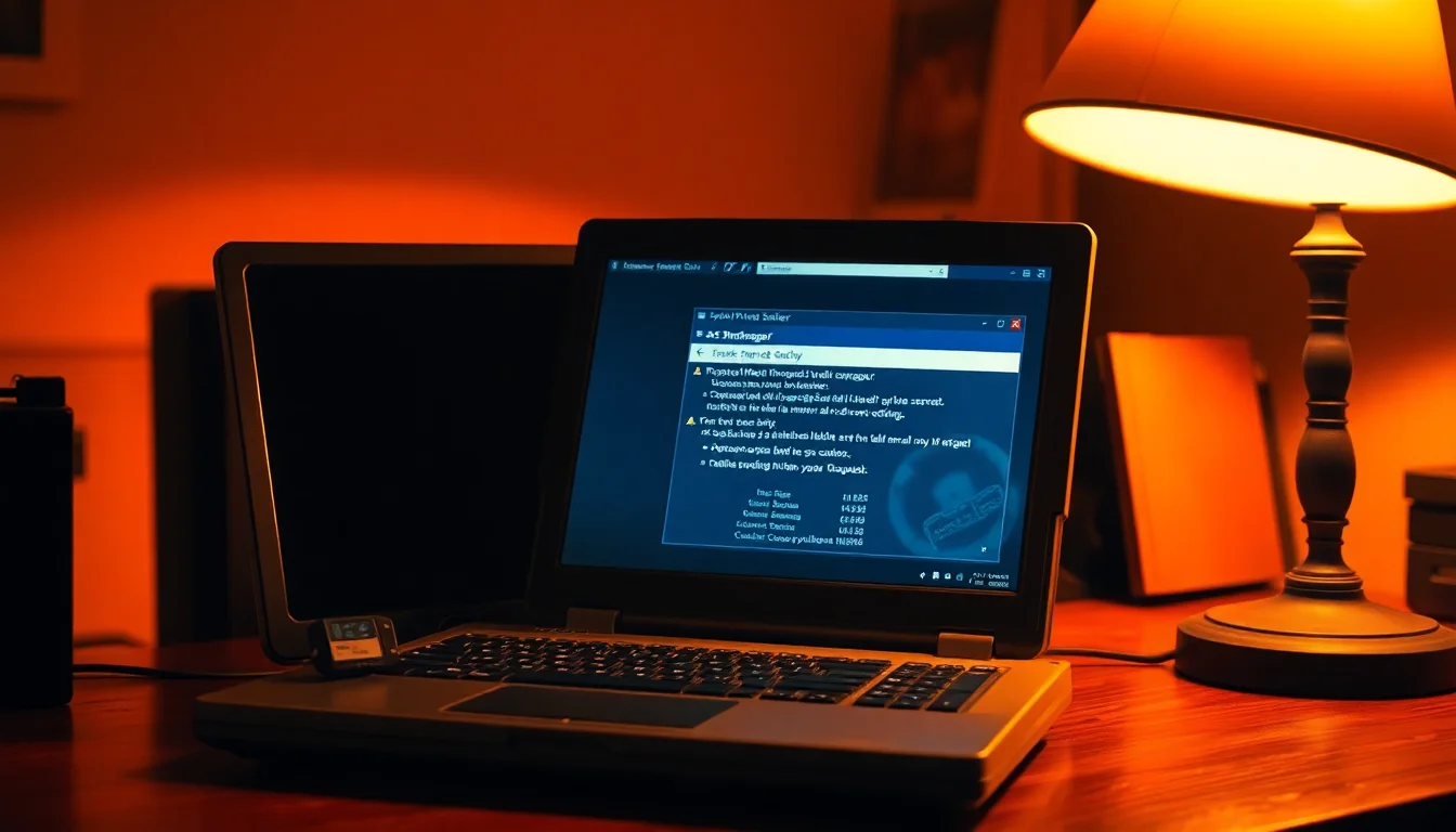Vintage Windows XP Starter desktop on low-end laptop showing 1024x768 resolution limit with System Properties dialog open, warm nostalgic desk lighting, retro focused atmosphere