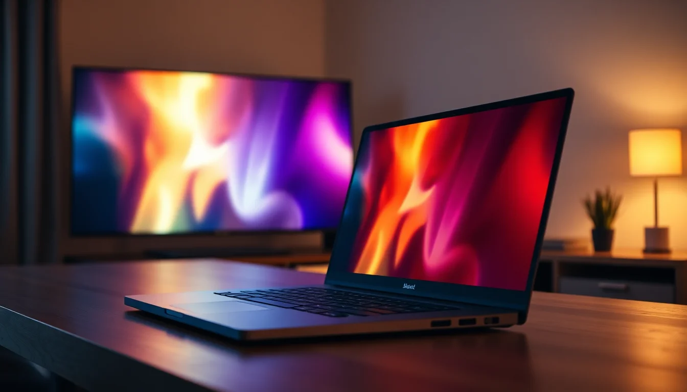 A Windows laptop on a wooden desk wirelessly mirroring its screen to a large smart TV in a modern living room