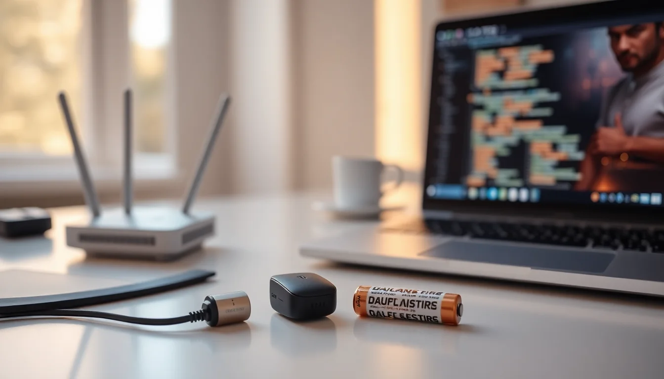 Windows 10 desktop showing wireless mouse receiver and battery, on a clean desk with laptop and router visible in background, natural daylight from side window, calm focused setup