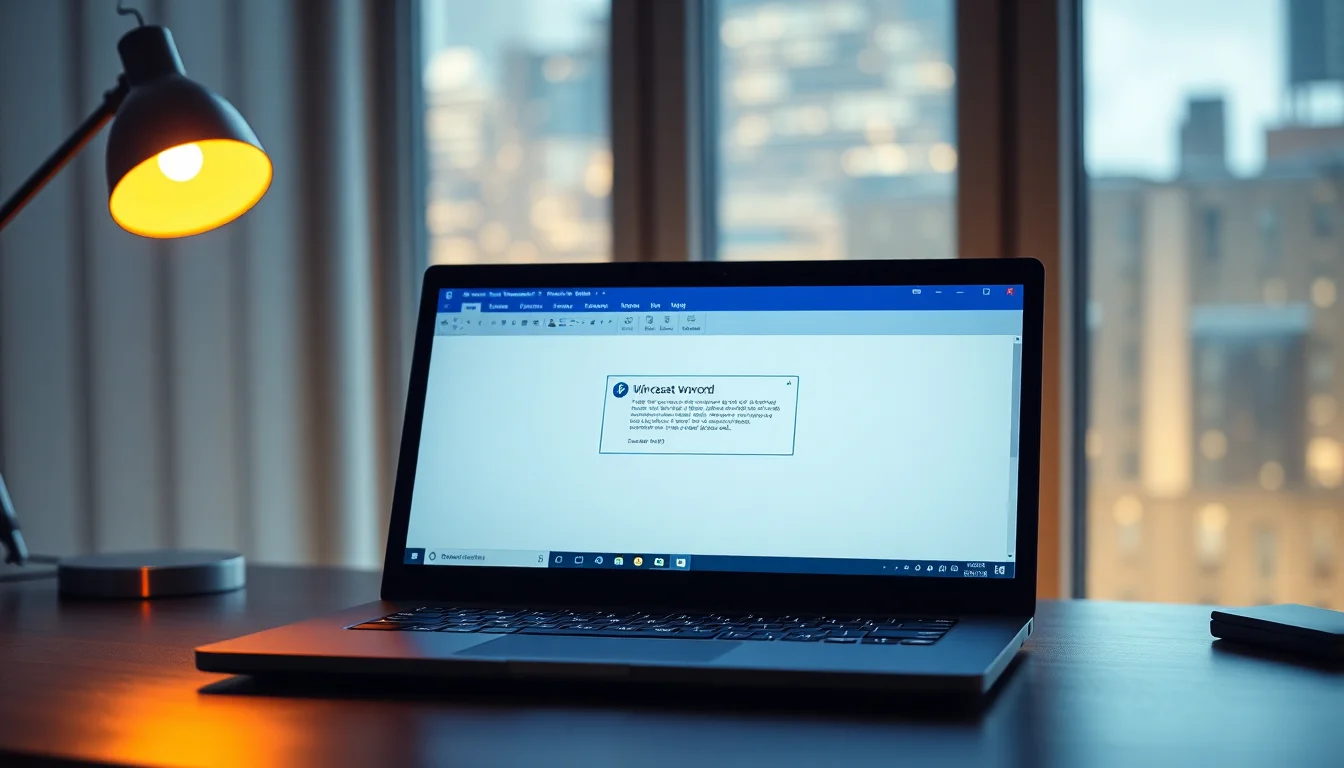 Windows laptop displaying Microsoft Word error message after attempting to open a document, dim desk lighting with error dialog visible on screen, frustrated focused atmosphere