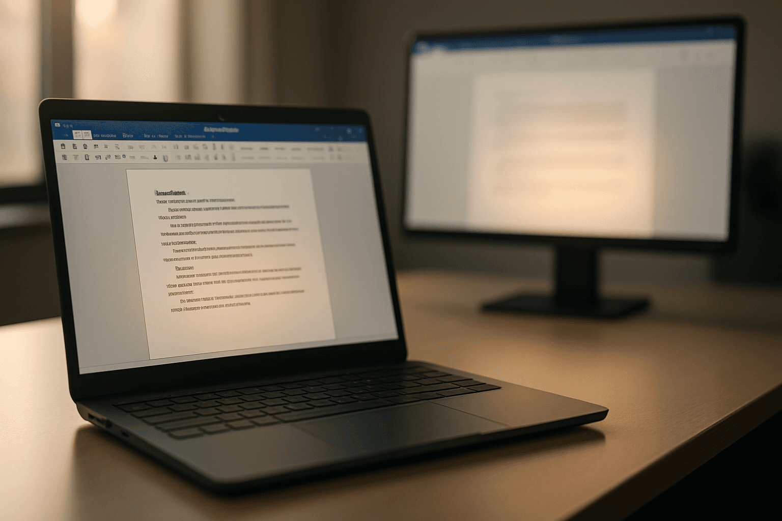 Close-up of a Windows laptop displaying a Word document with visible formatting inconsistencies, text misalignment, and font changes, soft warm desk lighting, professional serious atmosphere