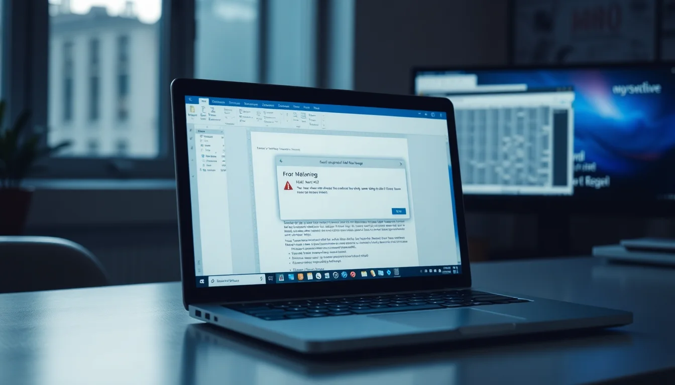Windows laptop on a desk showing Microsoft Word mail merge error dialog with an Excel spreadsheet open beside it
