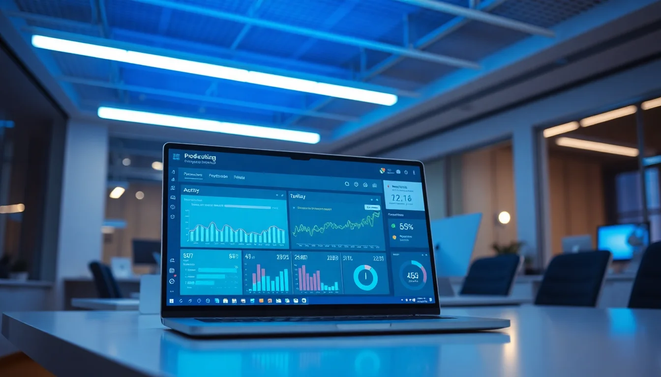 A corporate Windows laptop on a modern office desk displaying a productivity tracking dashboard with activity metrics and time logs under cool fluorescent lighting